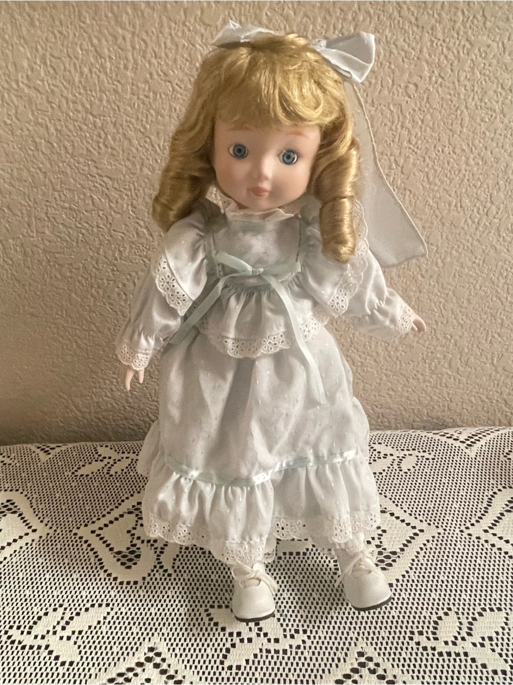 Vtg Collector Doll Blonde Curly Hair Blue Eyes Wearing White Lace Trimmed Dress
